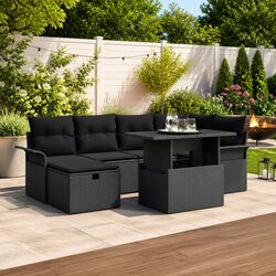 Sturdy 7-Piece Black Poly Rattan Garden Sofa Set