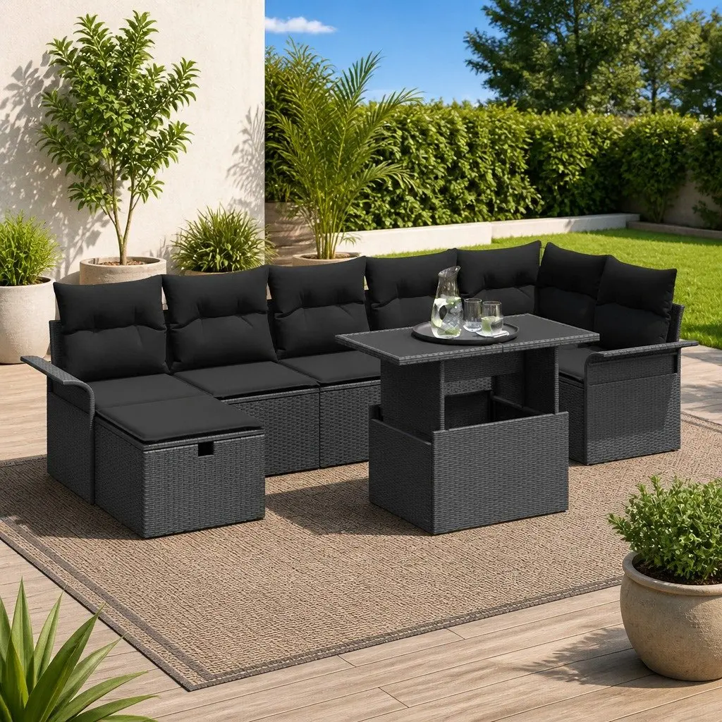 Garden Sofa Set Poly Rattan 8 Pieces Outdoor Modular Lounge Seating Black