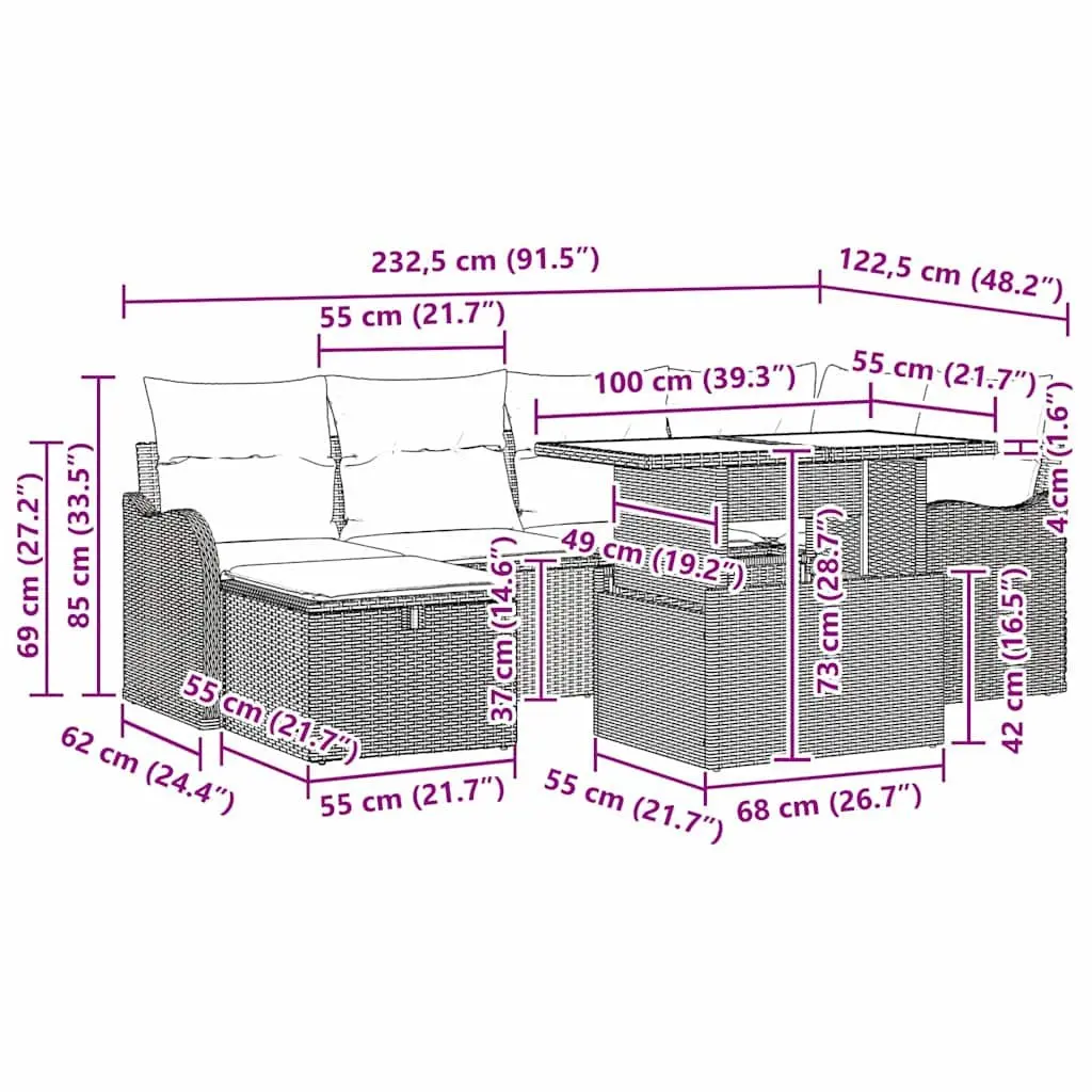 Garden Sofa Set Poly Rattan 7 Piece Modular Grey with Cushions