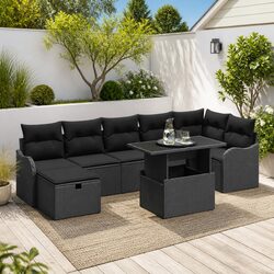 8-Piece Black Poly Rattan Outdoor Garden Sofa Set