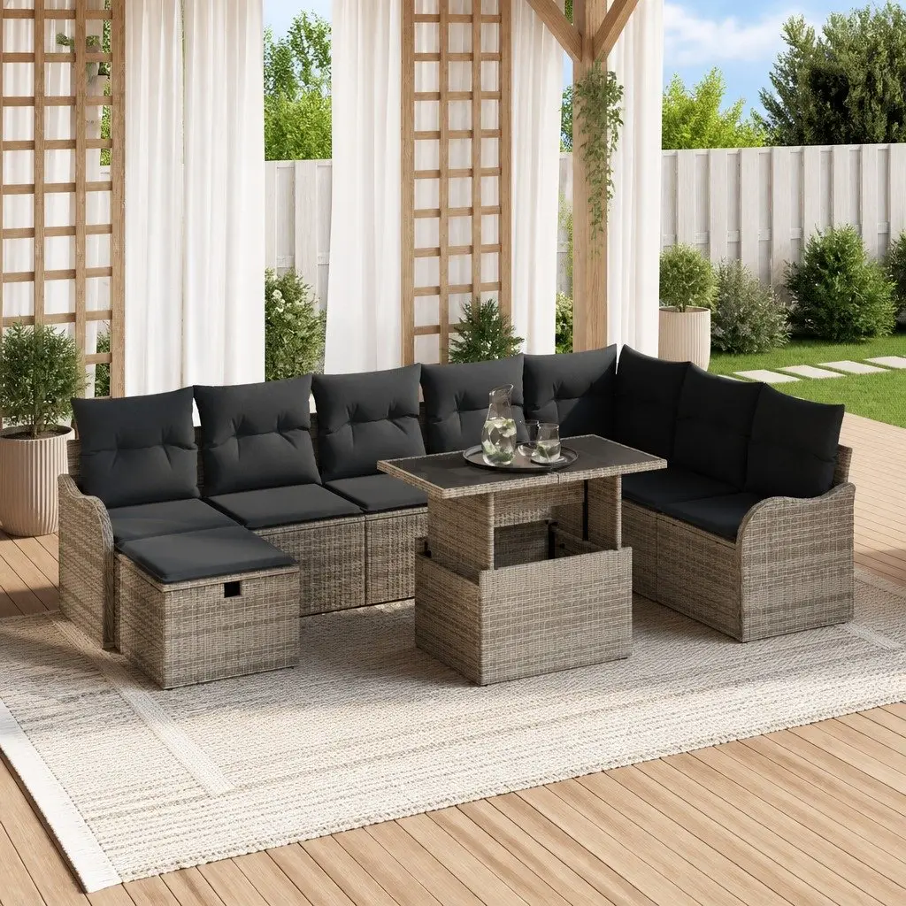 Outdoor Garden Sofa Set 9 pcs Modular Rattan Sectional with Cushions Grey