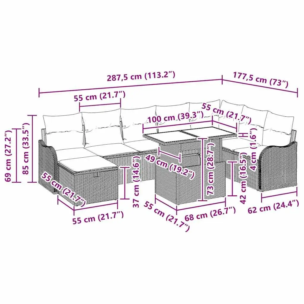 Outdoor Garden Sofa Set 9 pcs Modular Rattan Sectional with Cushions Grey