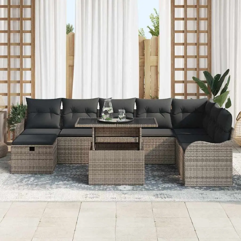 Outdoor Garden Sofa Set 9 pcs Modular Rattan Sectional with Cushions Grey