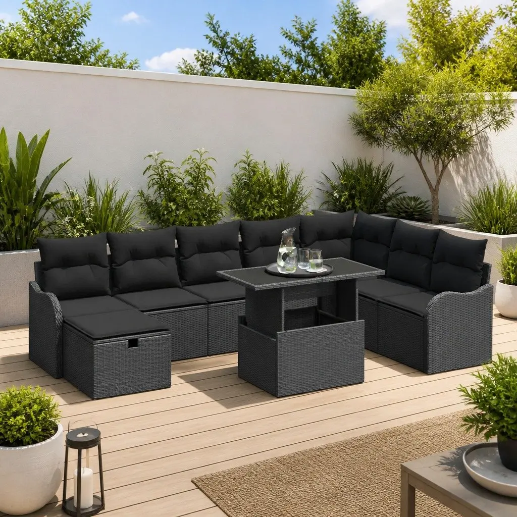 Modular Garden Sofa Set 9 Pieces Poly Rattan Black with Cushions and Height Adjustable Table