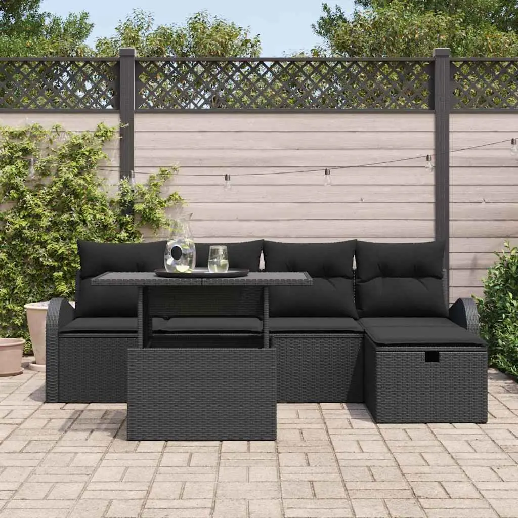 6 Piece Modular Garden Sofa Set Black Poly Rattan