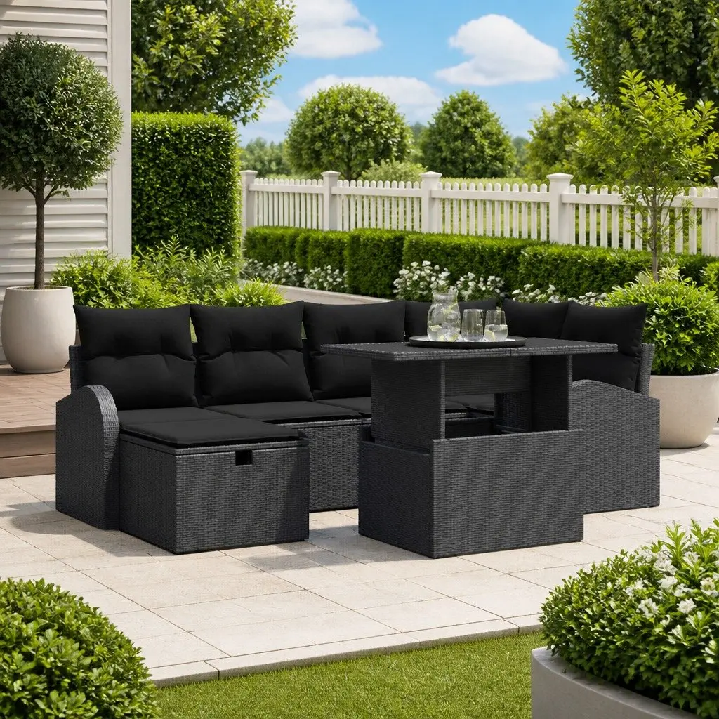 7-Piece Modular Black Poly Rattan Outdoor Sofa Set