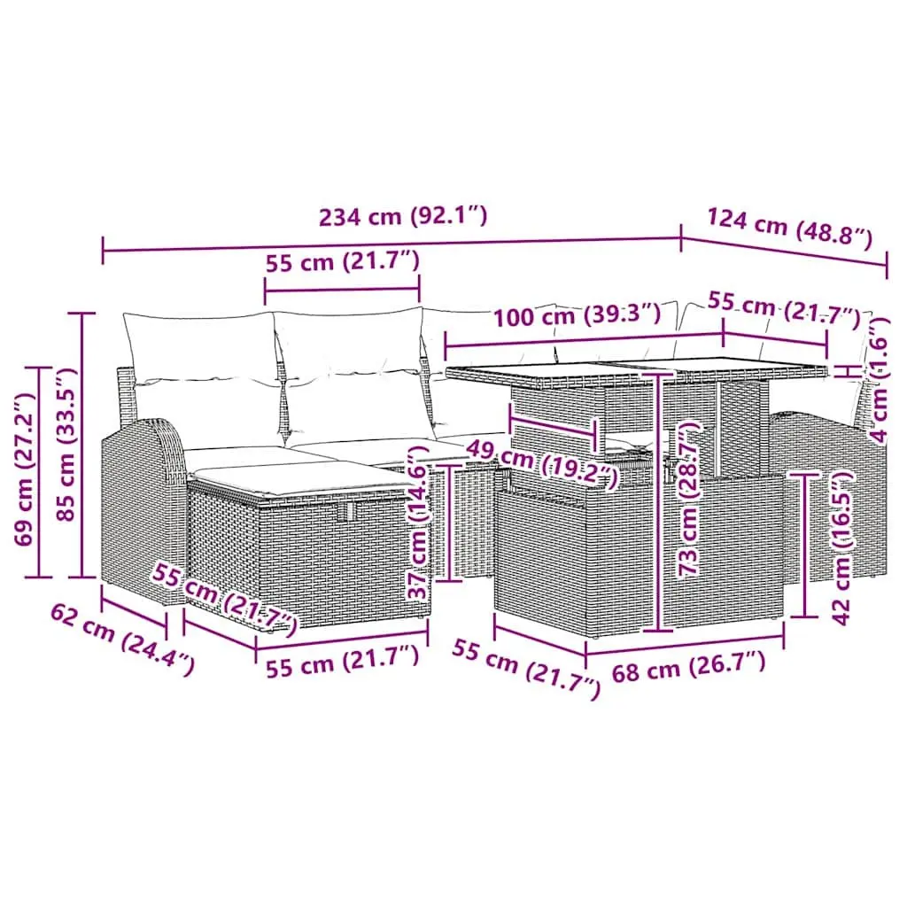 7-Piece Modular Black Poly Rattan Outdoor Sofa Set