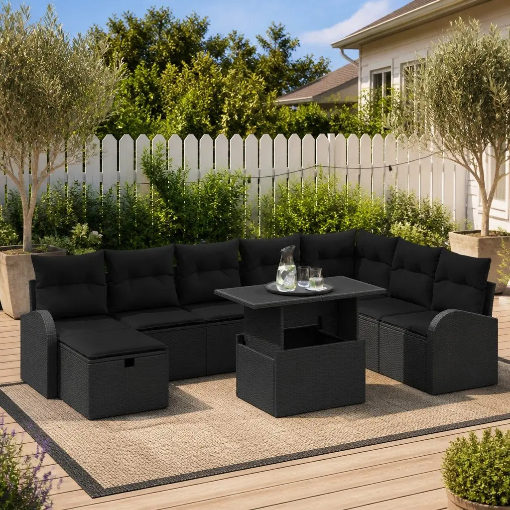 Garden Sofa Set Poly Rattan 9 Pieces Modular Outdoor Furniture Black