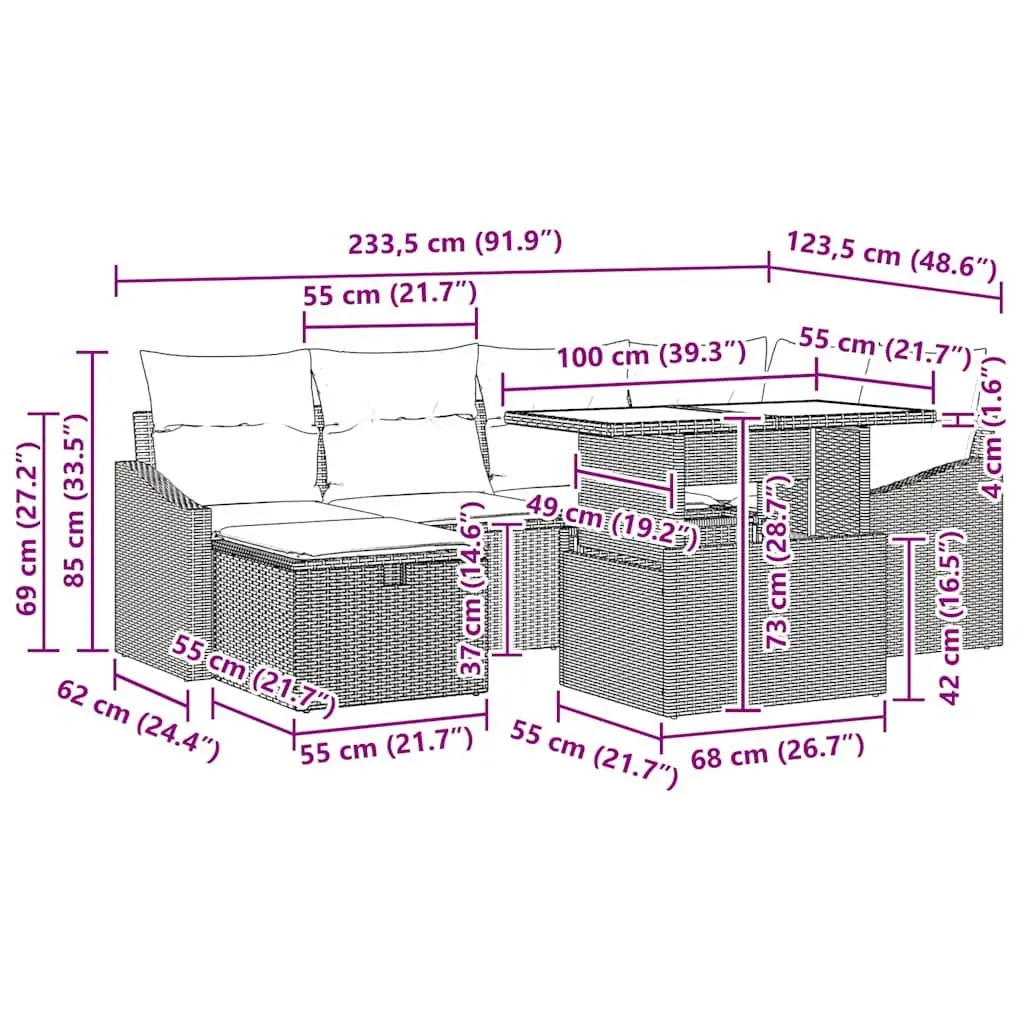 Modular Garden Sofa Set Poly Rattan 7 Piece Brown