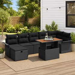 8-Piece Black Poly Rattan Garden Sofa Set