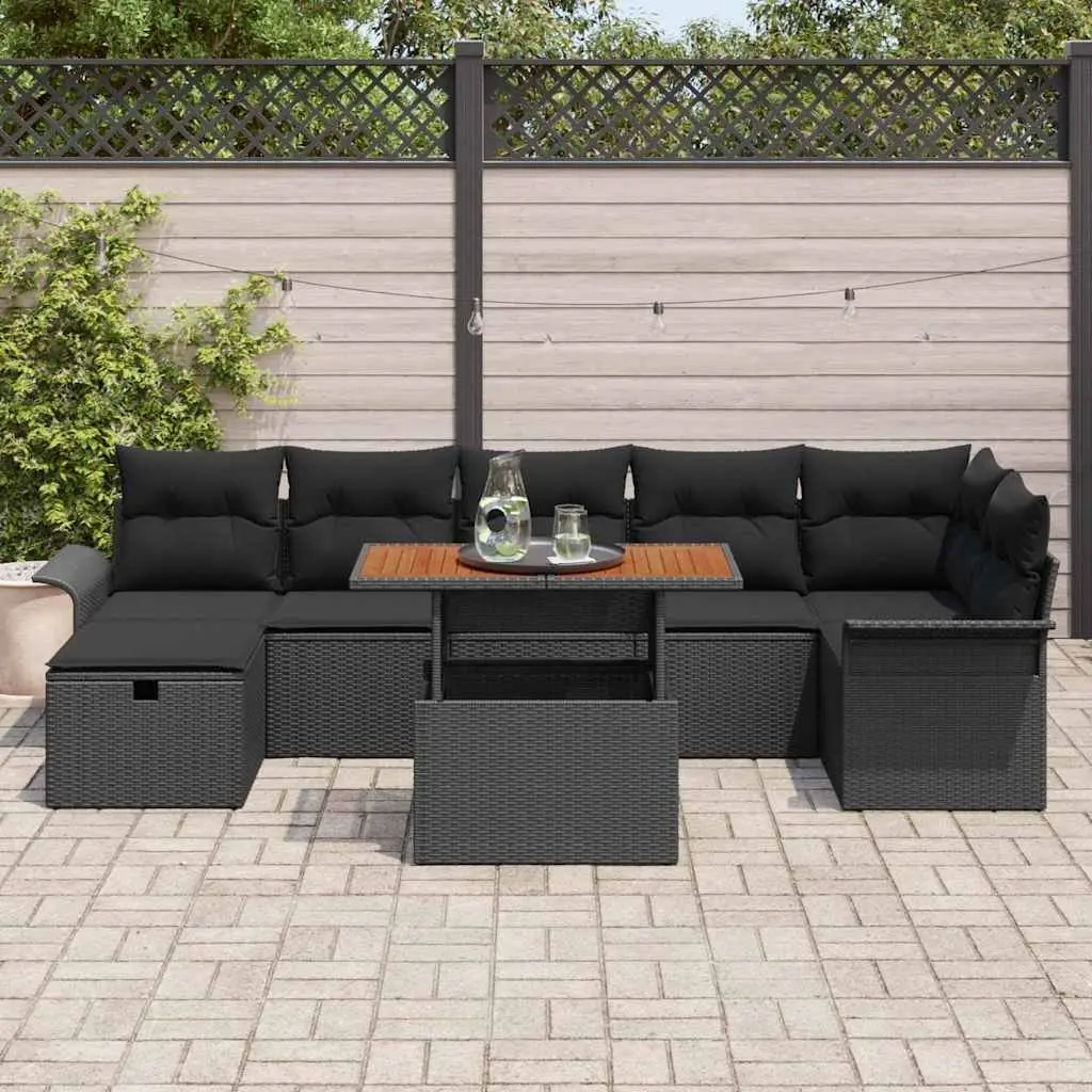 8-Piece Black Poly Rattan Garden Sofa Set