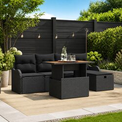 6-Piece Black Poly Rattan Outdoor Sofa Set with Cushions