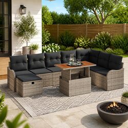 9-Piece Grey Poly Rattan Garden Sofa Set with Cushions
