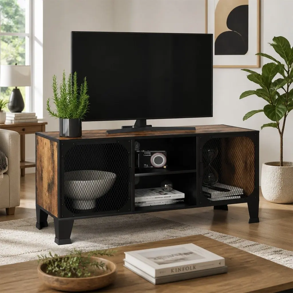 Rustic Brown TV Cabinet with Mesh Doors and Shelf