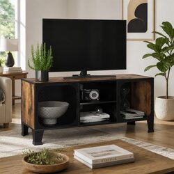 Rustic Brown TV Cabinet with Mesh Doors and Shelf