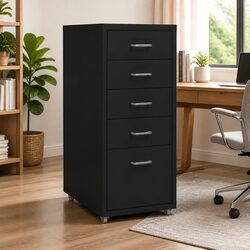 Durable 5 Drawer Black Metal Filing Cabinet with Wheels
