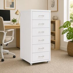 Durable 6 Drawer Mobile Filing Cabinet with Wheels in White