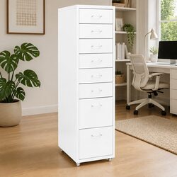 Metal File Cabinet 8 Drawer Mobile Office Storage White with Wheels 28x41x109cm