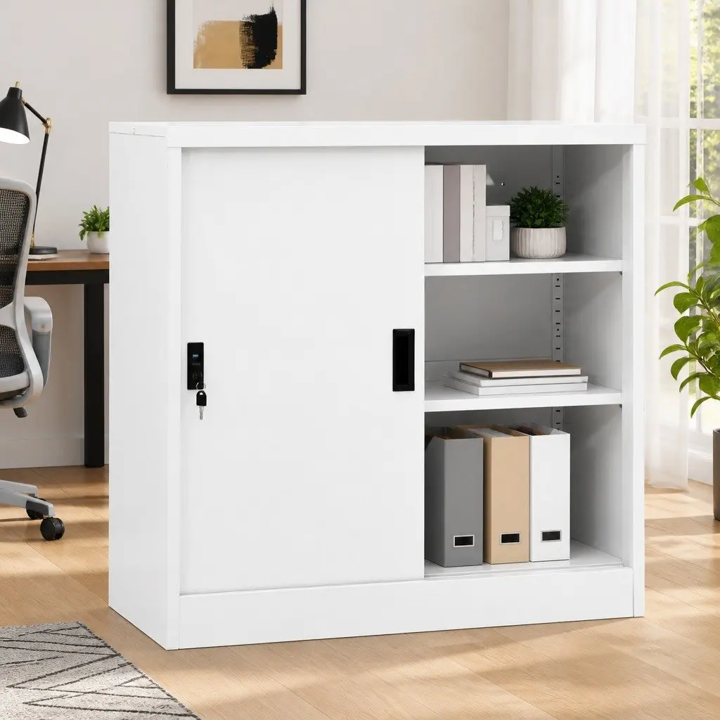 Storage Cabinet Steel 90x40x90cm White Sliding Door Lockable Shelves