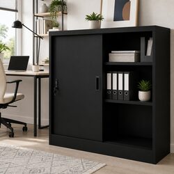 Sturdy Black Steel Office Storage Cabinet with Sliding Door