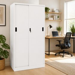Durable White Steel Office Storage Cabinet with Sliding Door