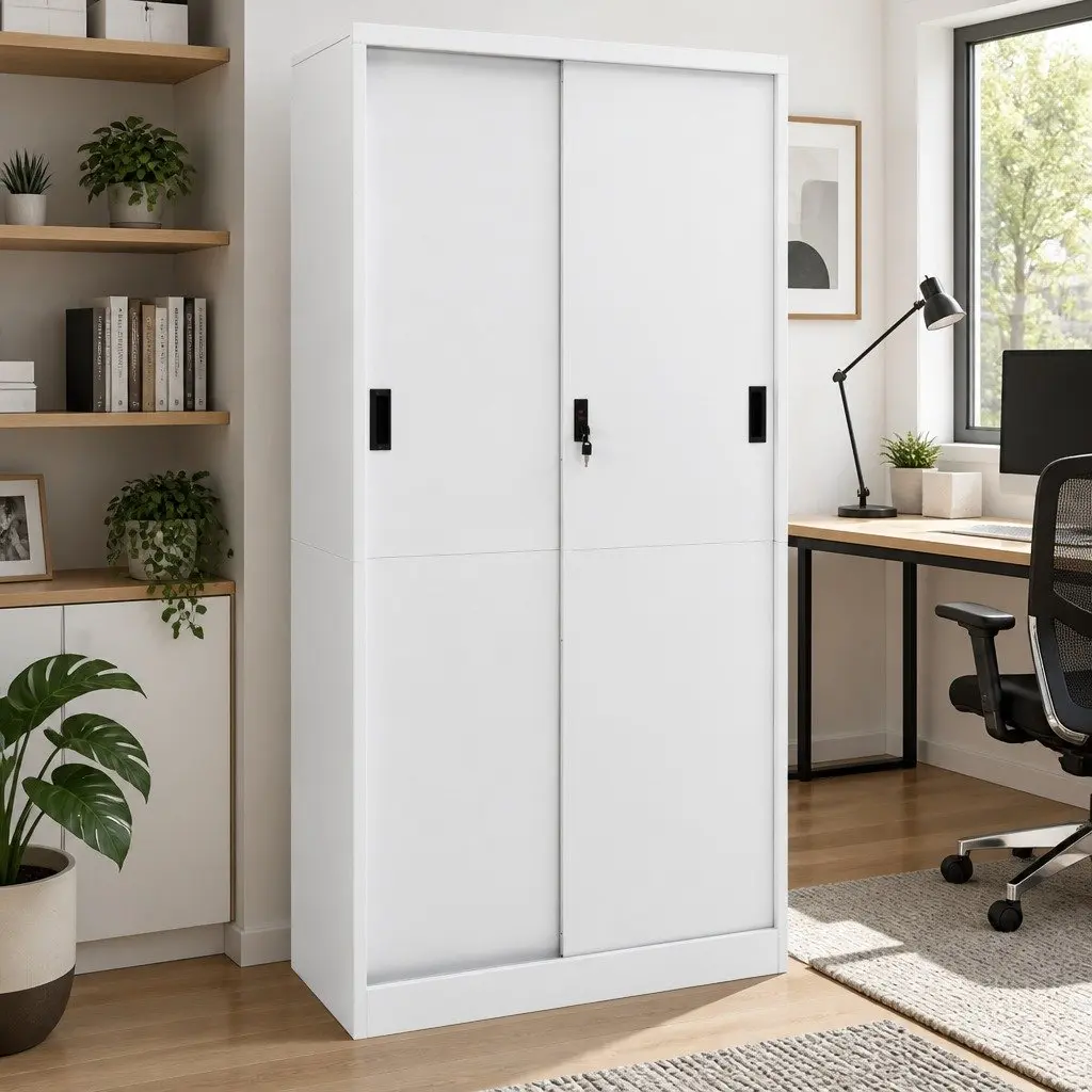 Sliding Door Office Storage Cabinet in Light Grey 90x40x180cm
