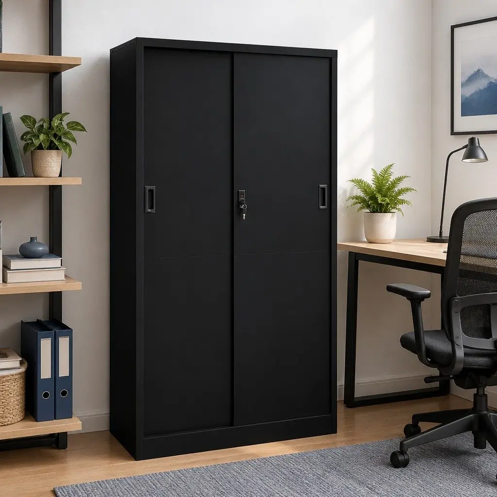 Storage Cabinet Steel Black Sliding Door 90W x 40D x 180H cm