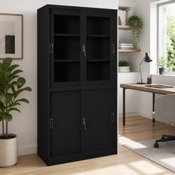 Black Steel Office Filing Cabinet with Sliding Door