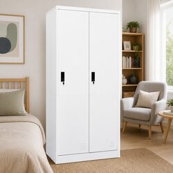Durable White Steel Wardrobe Cabinet with Locks and Shelves