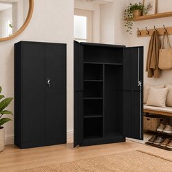 Heavy-Duty Steel Locker Cabinet with 4 Shelves in Black