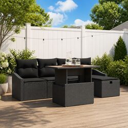 Durable 6 Piece Black Poly Rattan Garden Sofa Set