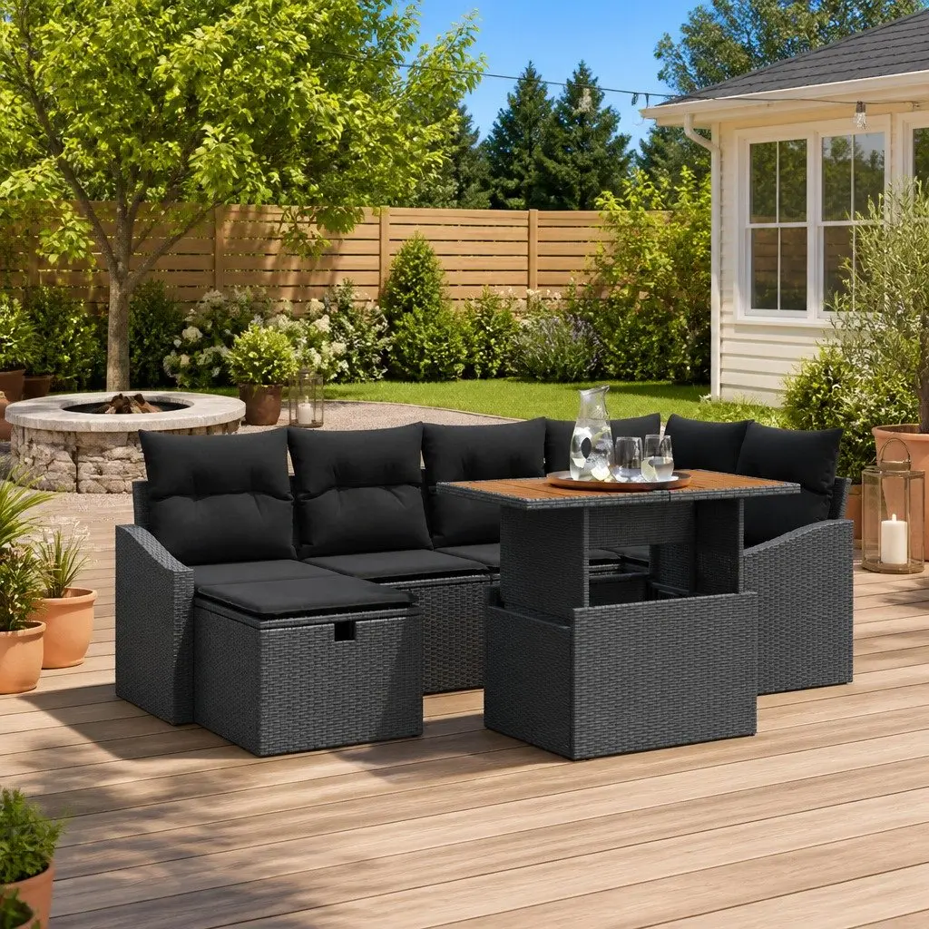 Garden Sofa Set Poly Rattan 7 Piece Outdoor Lounge Furniture Black
