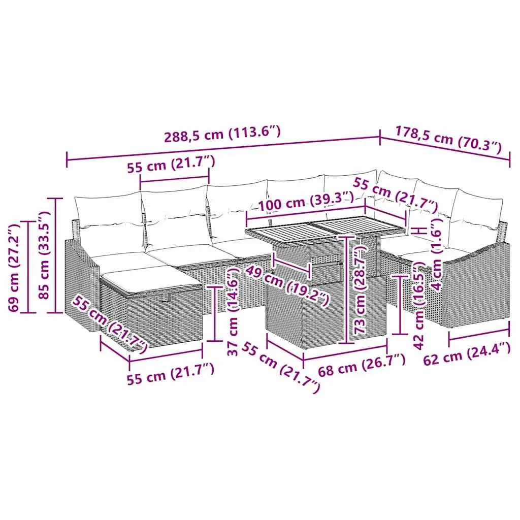 Garden Sofa Set Poly Rattan Acacia Wood 9 Piece Black