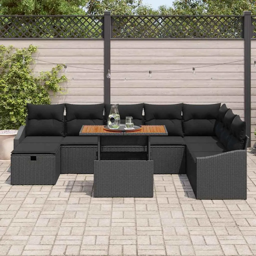 Garden Sofa Set Poly Rattan Acacia Wood 9 Piece Black