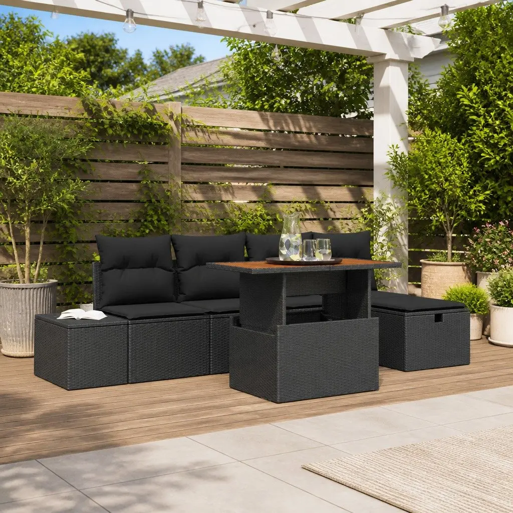 6-Piece Black Poly Rattan Outdoor Garden Sofa Set
