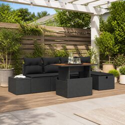 6-Piece Black Poly Rattan Outdoor Garden Sofa Set