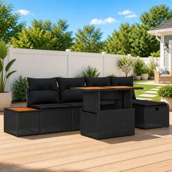 Black Poly Rattan 6-Piece Garden Sofa Set for Modern Spaces