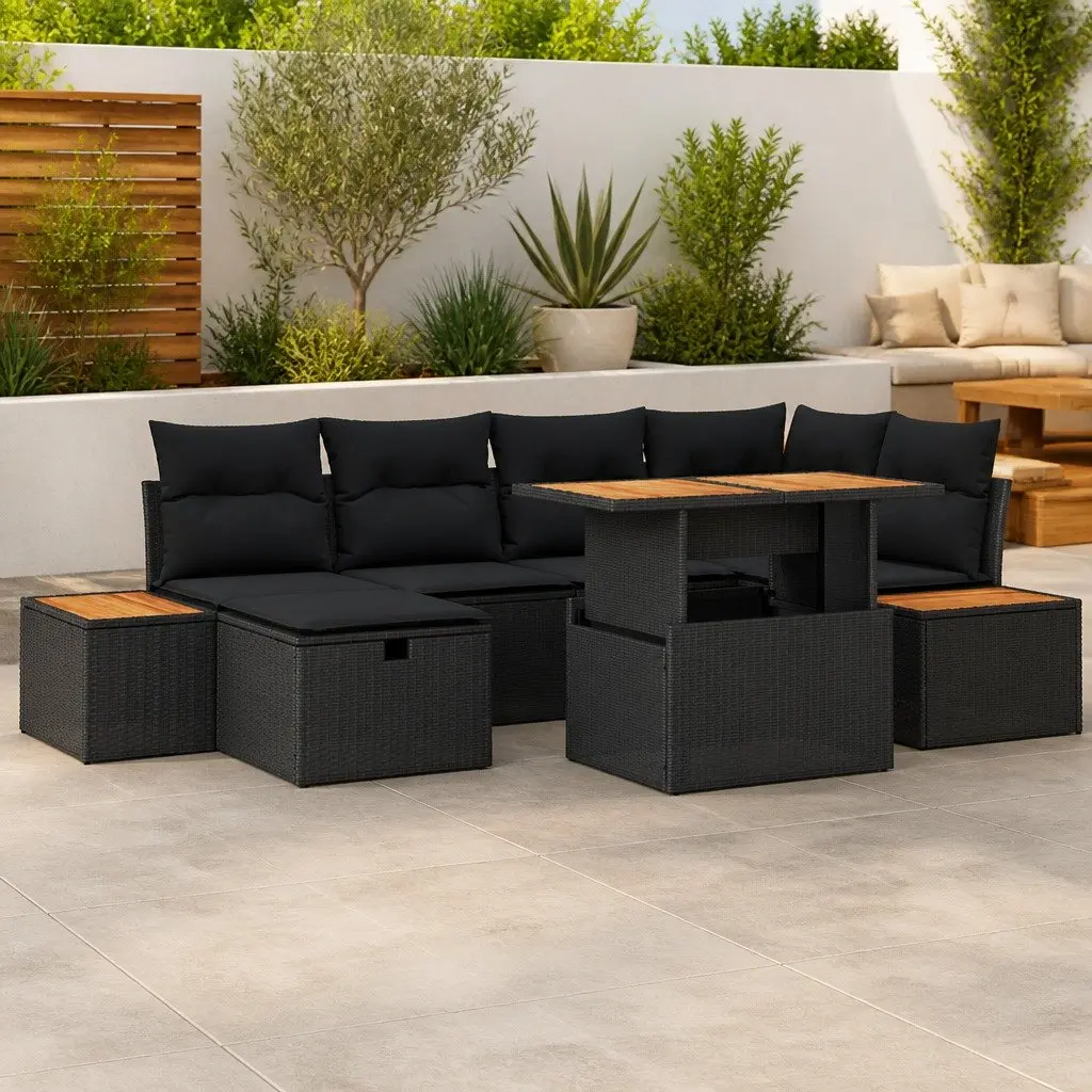 Garden Sofa Set Poly Rattan 7 Pieces Black Outdoor Furniture