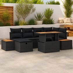7-Piece Black Poly Rattan Garden Sofa Set