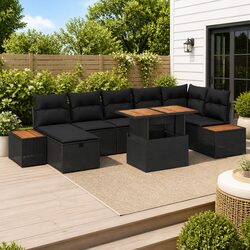 8-Piece Modular Black Poly Rattan Garden Sofa Set
