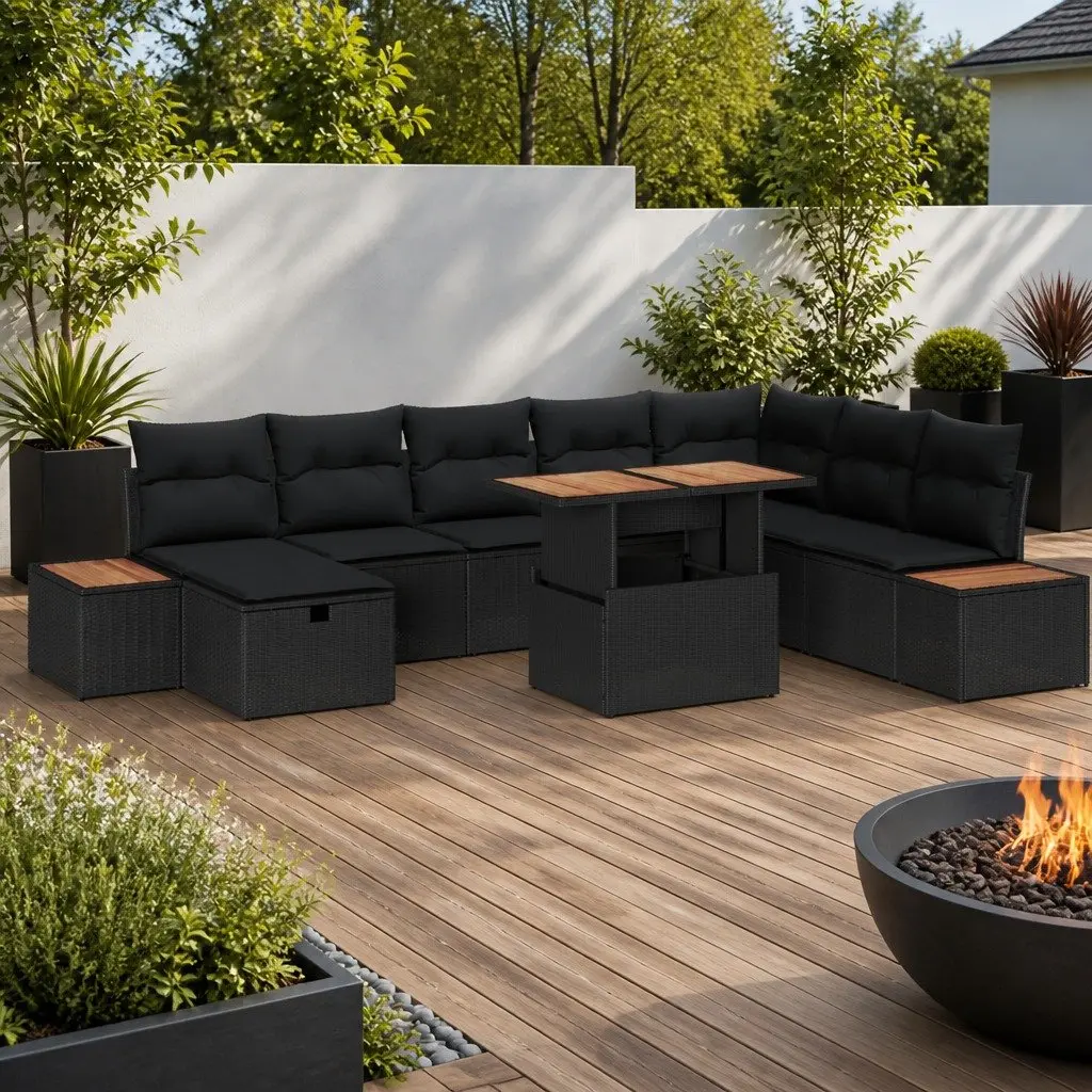 Garden Sofa Set Poly Rattan 9 Piece Outdoor Furniture Black