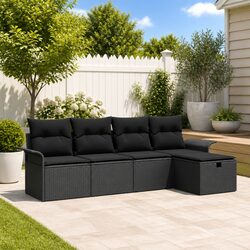 Modular 5-Piece Black Poly Rattan Garden Sofa Set