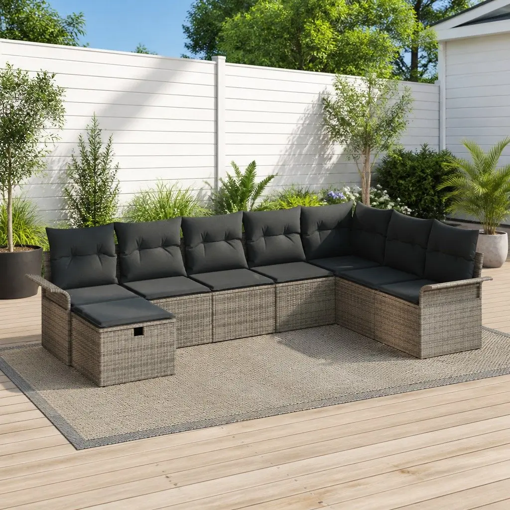 Modular Outdoor Furniture Set 8 Pieces Grey Poly Rattan Sofa with Cushions for Flexible Garden and Terrace Seating