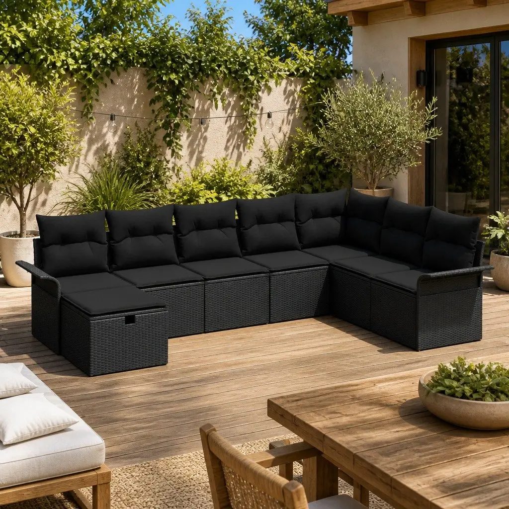 8 Piece Black Poly Rattan Modular Garden Sofa Set