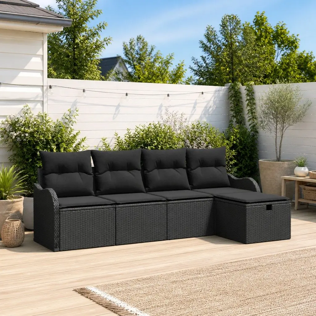 Modular Black Poly Rattan 5-Piece Outdoor Sofa Set