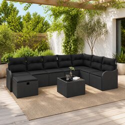 Modular 9-Piece Black Poly Rattan Outdoor Sofa Set