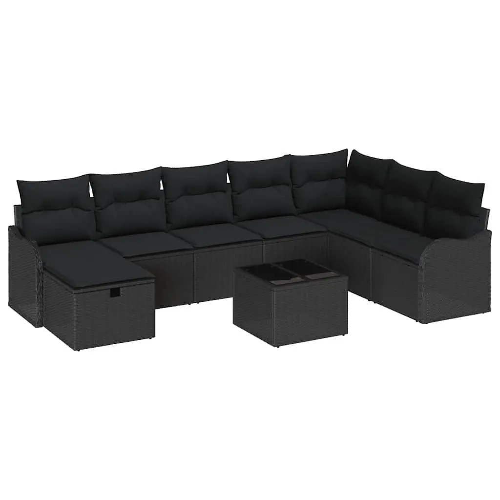 Modular 9-Piece Black Poly Rattan Outdoor Sofa Set