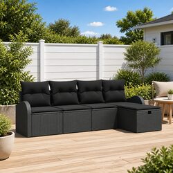 5-Piece Modular Black Poly Rattan Garden Sofa Set