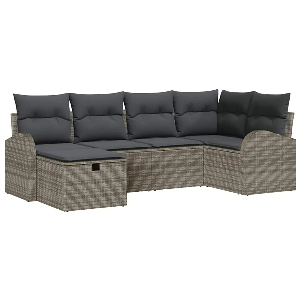 6 Piece Modular Garden Sofa Set Grey Poly Rattan Acacia Wood Polyester Cushions Powder Coated Steel Frame
