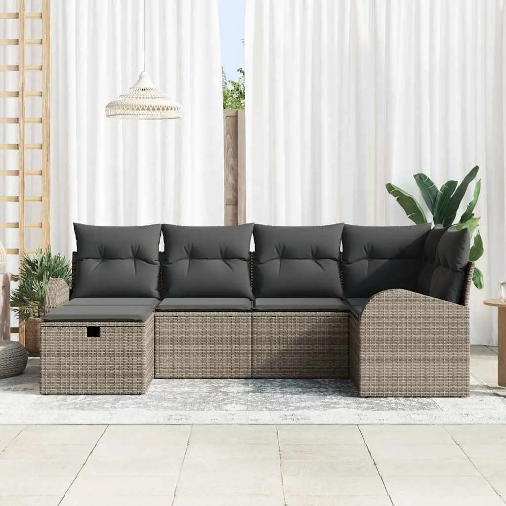 6 Piece Modular Garden Sofa Set Grey Poly Rattan Acacia Wood Polyester Cushions Powder Coated Steel Frame